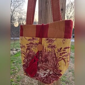 Hand Sewn Bergundy And Gold Tote Bag With Button/ Tassel Closure. Brand New.